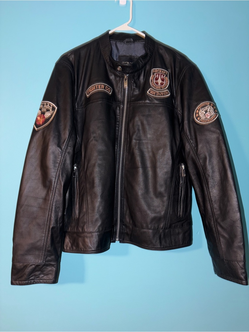 Von Dutch Black Leather Bomber Jacket with Embroidered Patches NWOT